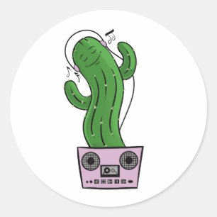 Sticker Rond Cactus de dessin animé avec casque et radio-casset