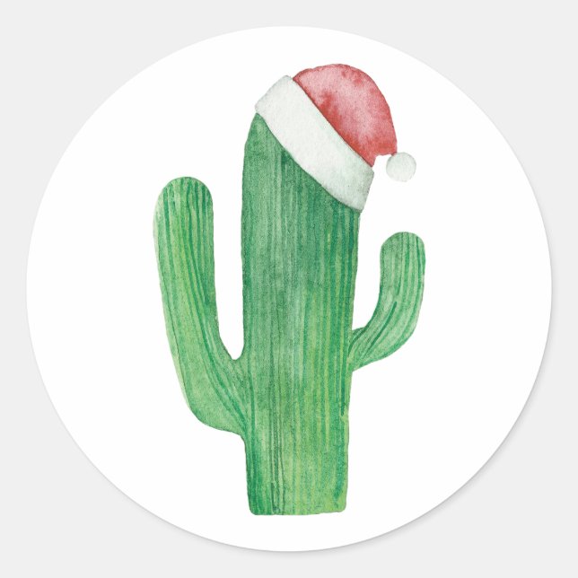 Sticker Rond Cactus de Noël aquarelle. Cactus du Père Noël (Devant)