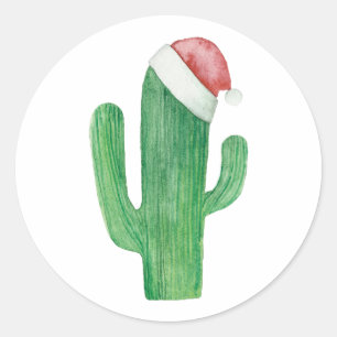 Sticker Rond Cactus de Noël aquarelle. Cactus du Père Noël