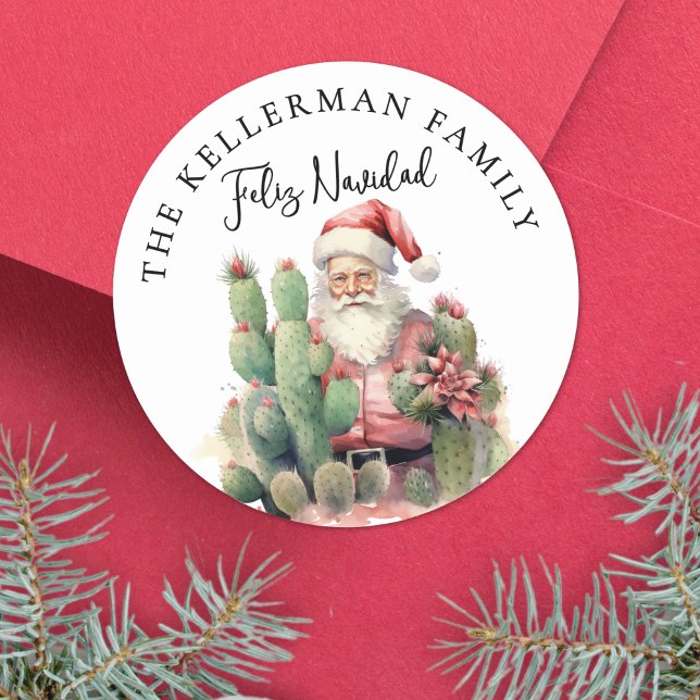 Sticker Rond Cactus de Noël Feliz Navidad (Feliz Navidad Cactus Santa Christmas Classic Round Sticker )
