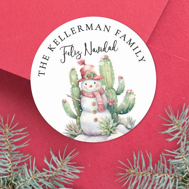 Sticker Rond Cactus de Noël Feliz Navidad (Feliz Navidad Cactus Christmas Classic Round Sticker )