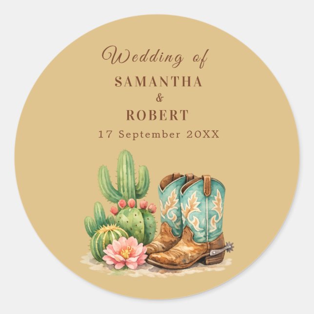 Sticker Rond Cactus désert Arizona Cactées Mariage Cowboy  (Devant)