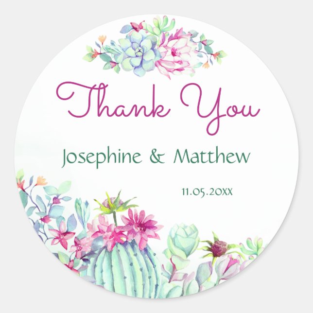 Sticker Rond Cactus & Fleurs Succulentes Merci Mariage (Devant)