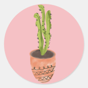 Sticker Rond Cactus Plante Terracotta Dessiné à la Main Rose