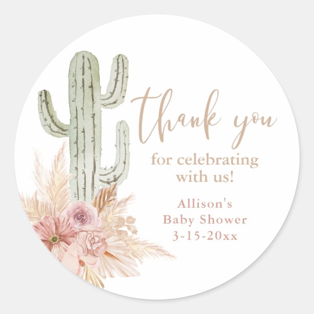 Sticker Rond Cactus rose floral boho fille baby shower merci (Devant)