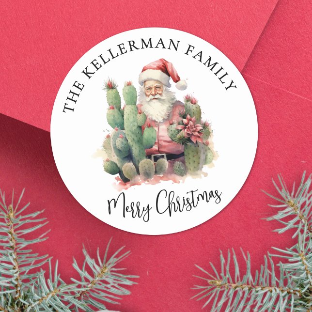 Sticker Rond Cactus Santa Noël (Cactus Santa Merry Christmas Classic Round Sticker)