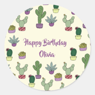 Sticker Rond Cactus Succulent Cactus Plantes Posés Joyeux Anniv
