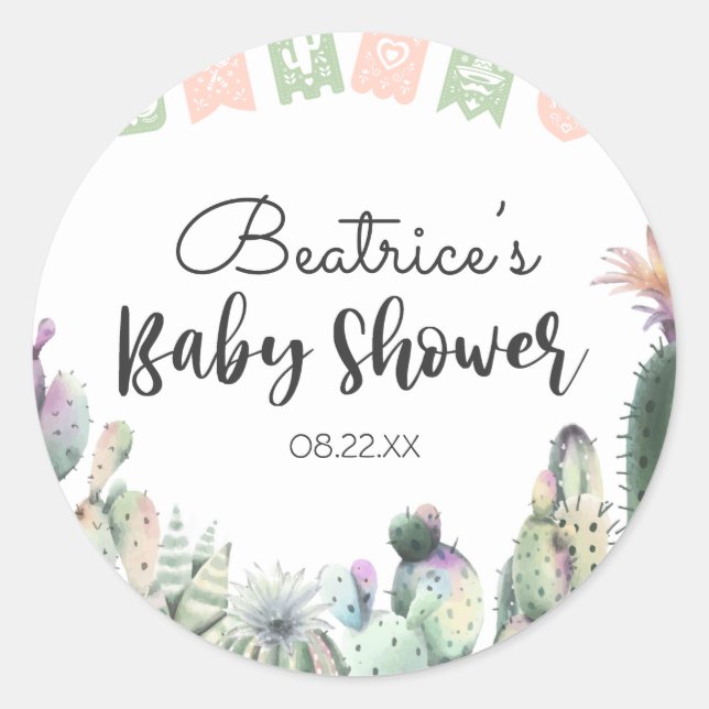 Sticker Rond Cactus vert rose Taco Bout Un Baby shower RSVP (Devant)