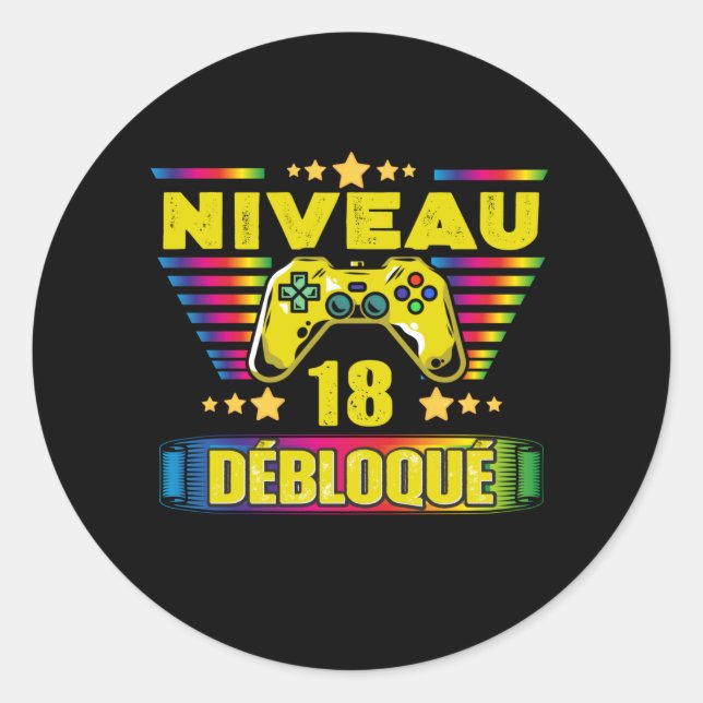 Sticker Rond Cadeau 18 ans Anniversaire Gamer Niveau 18 (Devant)