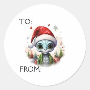 Sticker Rond Cadeau Alien de Noël à