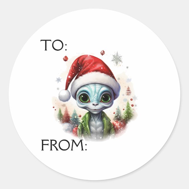 Sticker Rond Cadeau Alien de Noël à (Devant)