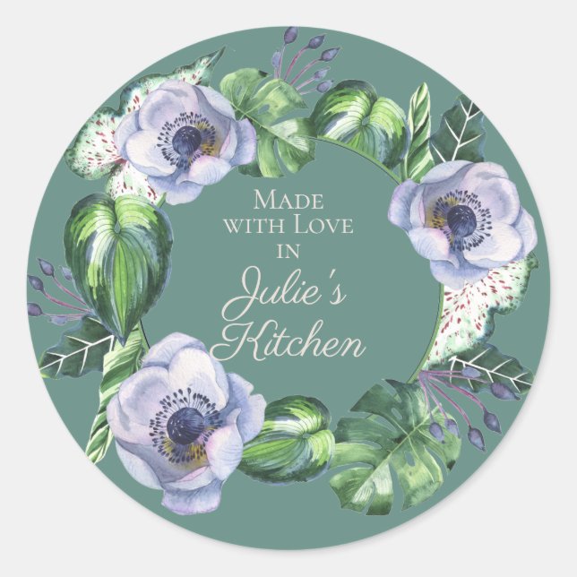Sticker Rond Cadeau Alimentaire De Cuisine Purple Green Floral (Devant)