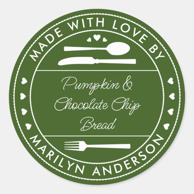 Sticker Rond Cadeau Alimentaire Vert Fait Avec Amour (Devant)
