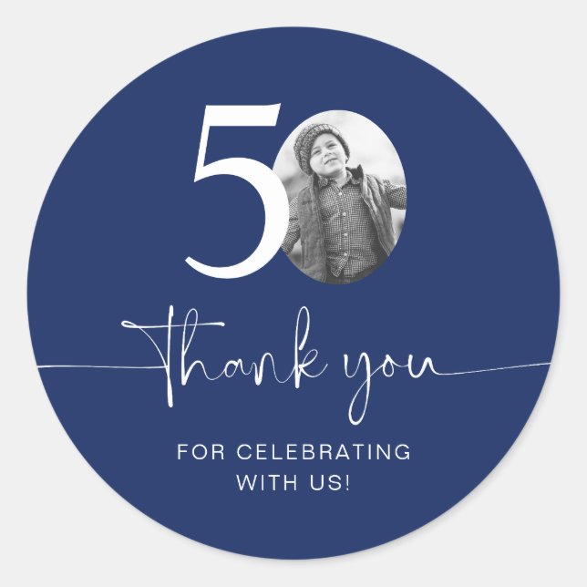 Sticker Rond Cadeau bleu de 50e anniversaire (Devant)