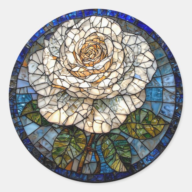 Sticker Rond Cadeau d'art de vitrail de rose blanche 🌹 (Devant)