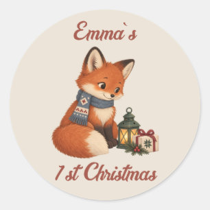 Sticker Rond Cadeau de 1er Noël de bébé renard personnalisé