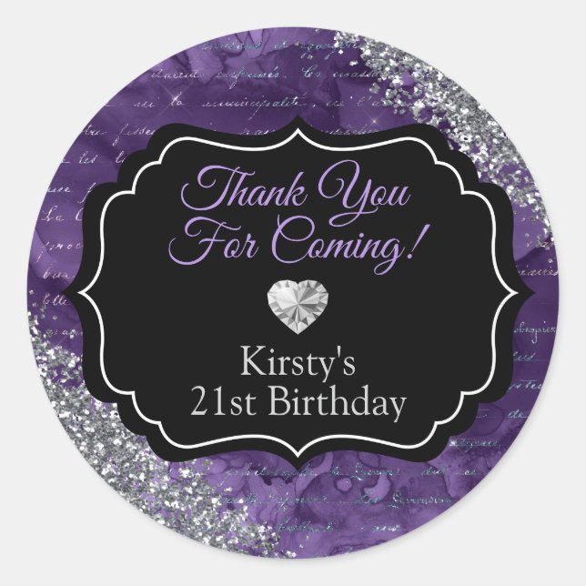 Sticker Rond Cadeau de 21e anniversaire Violet et Argent (Devant)