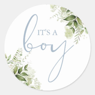 Sticker Rond Cadeau de Baby Shower C'est un Garçon Bleu Poussié