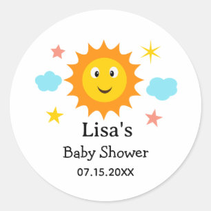 Sticker Rond Cadeau de Baby Shower Ensoleillé Voici le Soleil