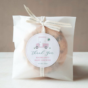 Sticker Rond Cadeau de Baby Shower Fille Rose et Vert Panier de