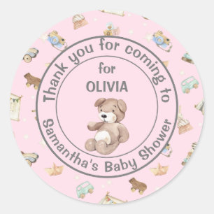 Sticker Rond Cadeau de Baby Shower Fille Rose, Merci