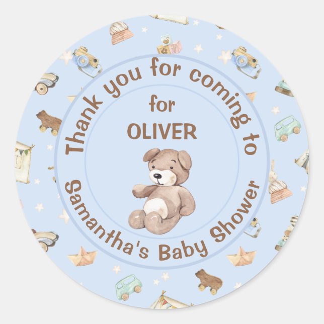 Sticker Rond Cadeau de Baby Shower Garçon Bleu (Devant)