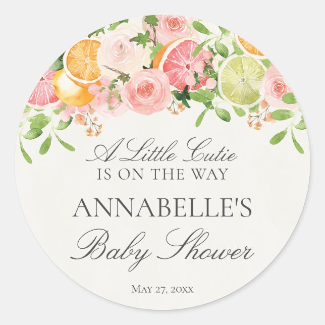 Sticker Rond Cadeau de Baby Shower Pastel Citrus Floral Cutie (Devant)