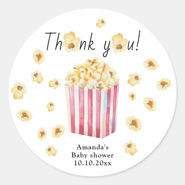 Sticker Rond Cadeau de Baby Shower Popcorn Aquarelle Merci (Devant)