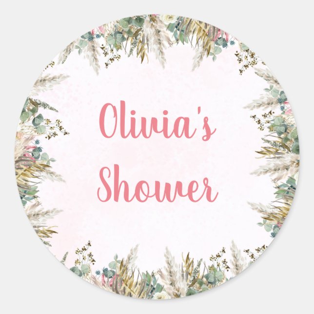Sticker Rond Cadeau de Baby Shower Rose Bohème Pampas & Fleurs (Devant)