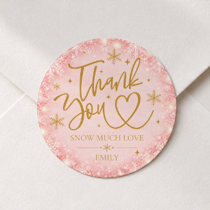 Sticker Rond Cadeau de Bébé d'Hiver Rose Flocon de Neige Merci