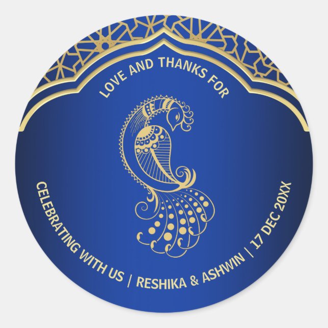 Sticker Rond Cadeau de design indien arabe paon or bleu royal (Devant)