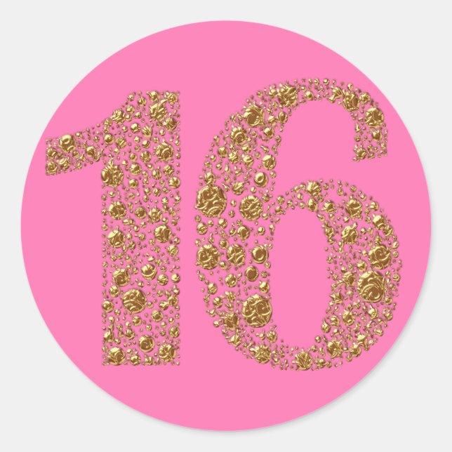 Sticker Rond Cadeau de fête d'anniversaire seize ans Glam Or (Devant)