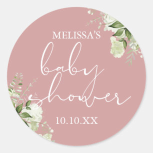 Sticker Rond Cadeau de Fête de Bébé Fleur de Verdure Rose Pouss