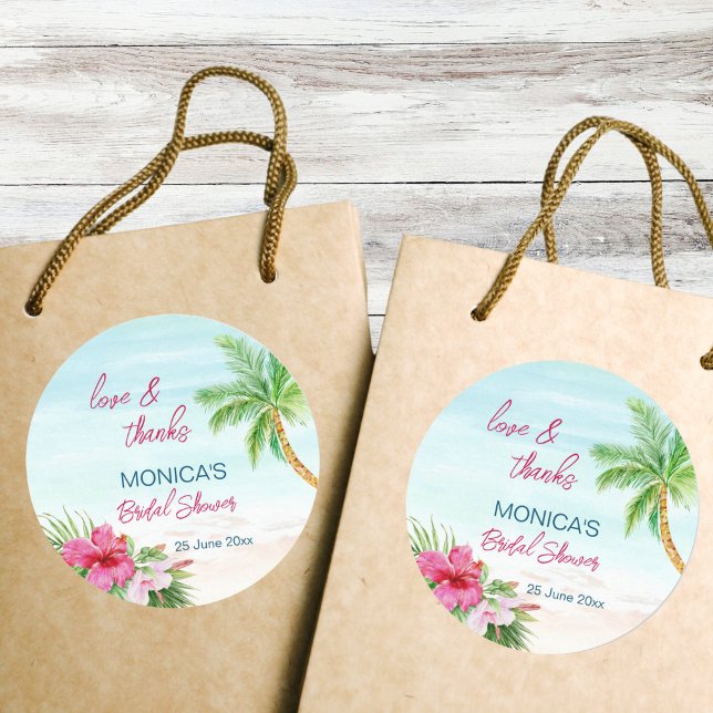 Sticker Rond Cadeau de fête de douche de mariage tropical de pl (Summer beach tropical bridal shower thank you favor stickers pink hibiscus palm trees ocean)