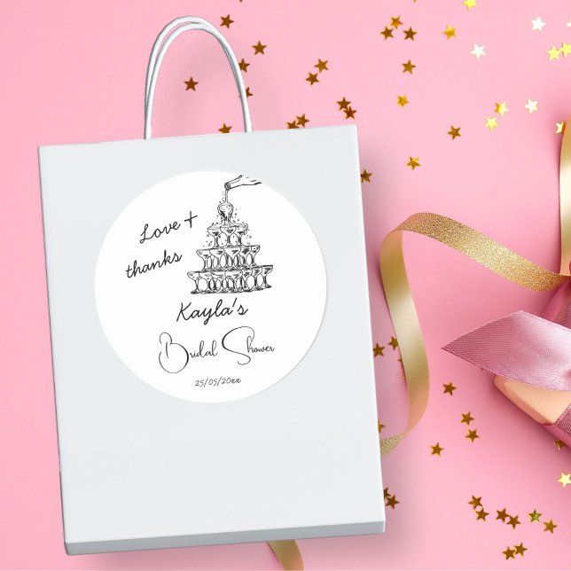 Sticker Rond Cadeau de fête de mariage en forme de tour de cham (Hand drawn scribble champagne tower black and white minimalist bridal shower thank you favor sticker)