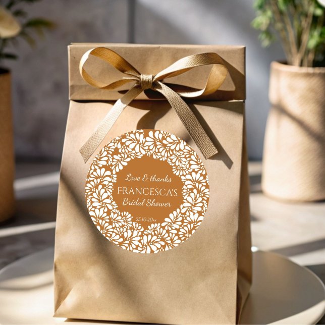 Sticker Rond Cadeau de fête de mariage en terre cuite talavera  (Vintage Mexican talavera terracotta bridal shower thank you favor sticker template )