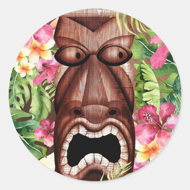 Sticker Rond Cadeau de fête en bois Tiki Hawaïen pour soirée lu (Devant)