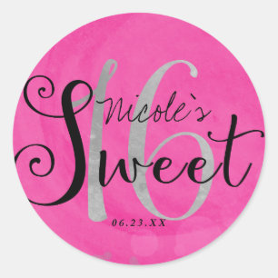 Sticker Rond Cadeau de fête personnalisé rose argent et noir po