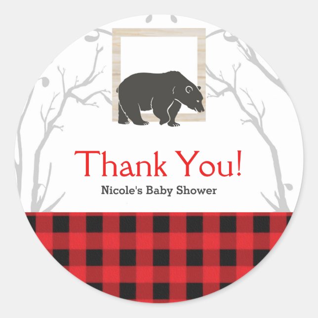 Sticker Rond Cadeau de fête pour Baby Shower Plaid Ours Rustiqu (Devant)