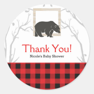 Sticker Rond Cadeau de fête pour Baby Shower Plaid Ours Rustiqu