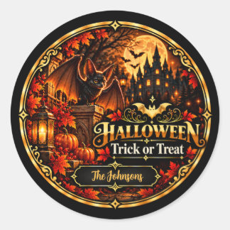 Sticker Rond Cadeau de Halloween Élégant Noir et Or pour la Fêt