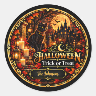 Sticker Rond Cadeau de Halloween Élégant Noir et Or pour la Fêt
