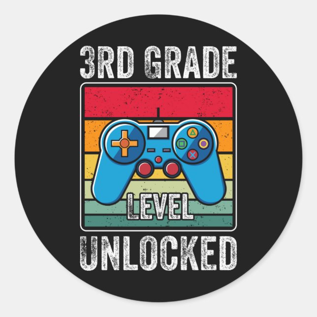 Sticker Rond Cadeau de jeu vidéo rétro niveau 3e débloqué (Devant)