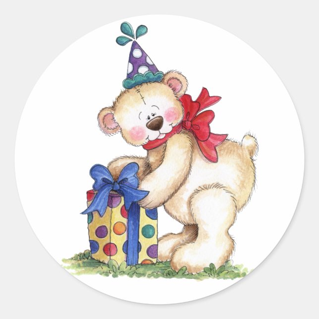 Sticker Rond Cadeau de l'ours d'anniversaire (Devant)