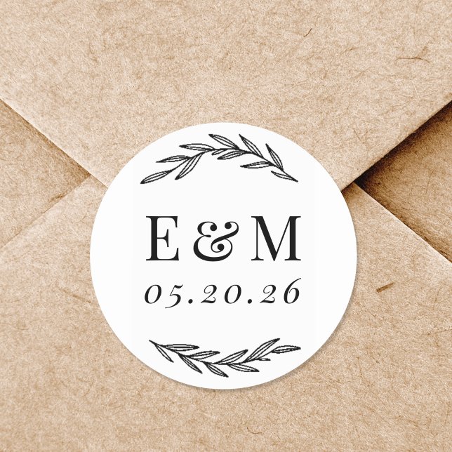 Sticker Rond Cadeau de mariage à monogramme de branche de lauri (Créateur téléchargé)