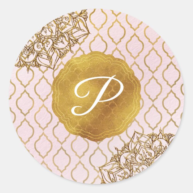 Sticker Rond Cadeau de mariage à monogramme Glam marocain rose  (Devant)