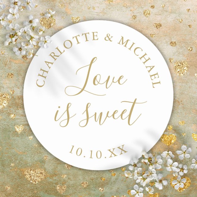 Sticker Rond Cadeau de mariage amour doux en or (Gold Love Is Sweet Wedding Favor Classic Round Sticker)