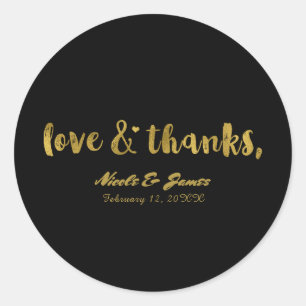 Sticker Rond Cadeau de mariage chic moderne noir or Love & Than