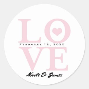 Sticker Rond Cadeau de mariage chic moderne rose et blanc LOVE