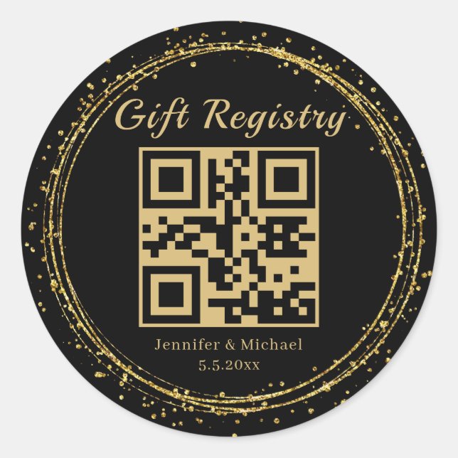 Sticker Rond cadeau de mariage code qr registre de cadeaux doré (Devant)